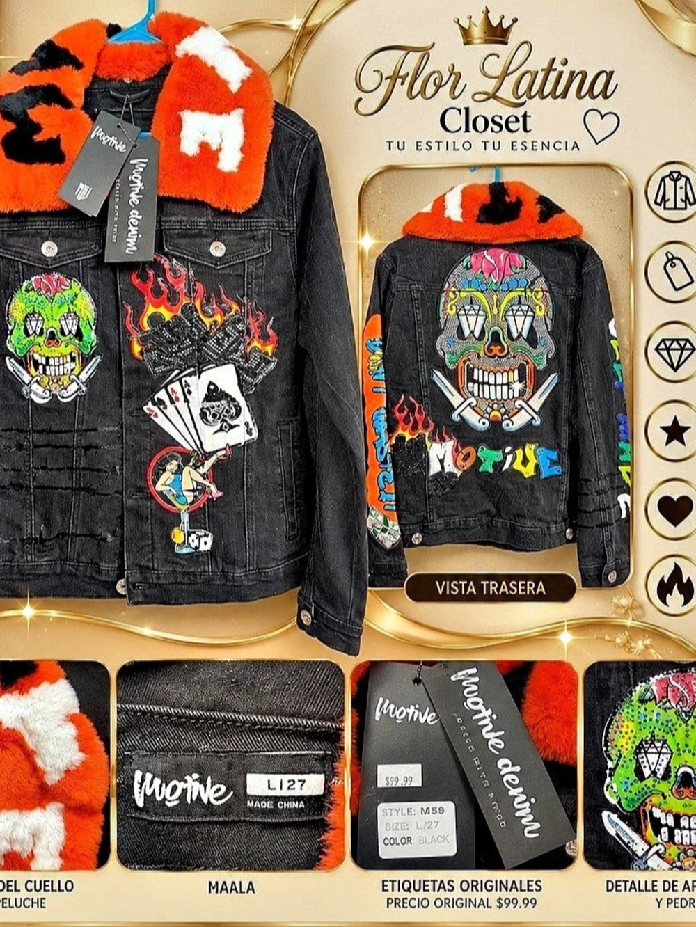 Motivē Denim Jacket Black & Orange Size Large NWT